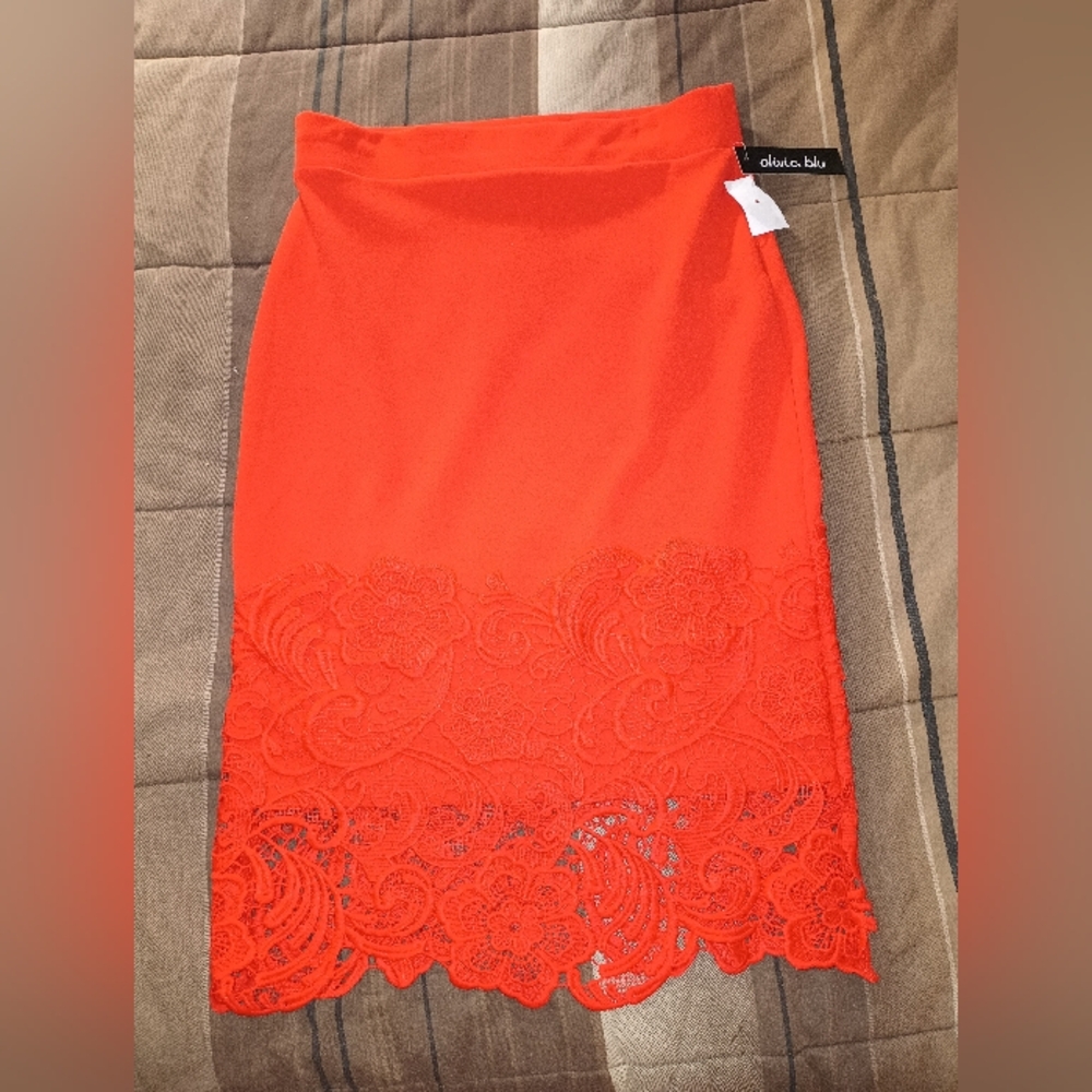 Olivia Blu Chic Orange Lace‎ Pencil Skirt S